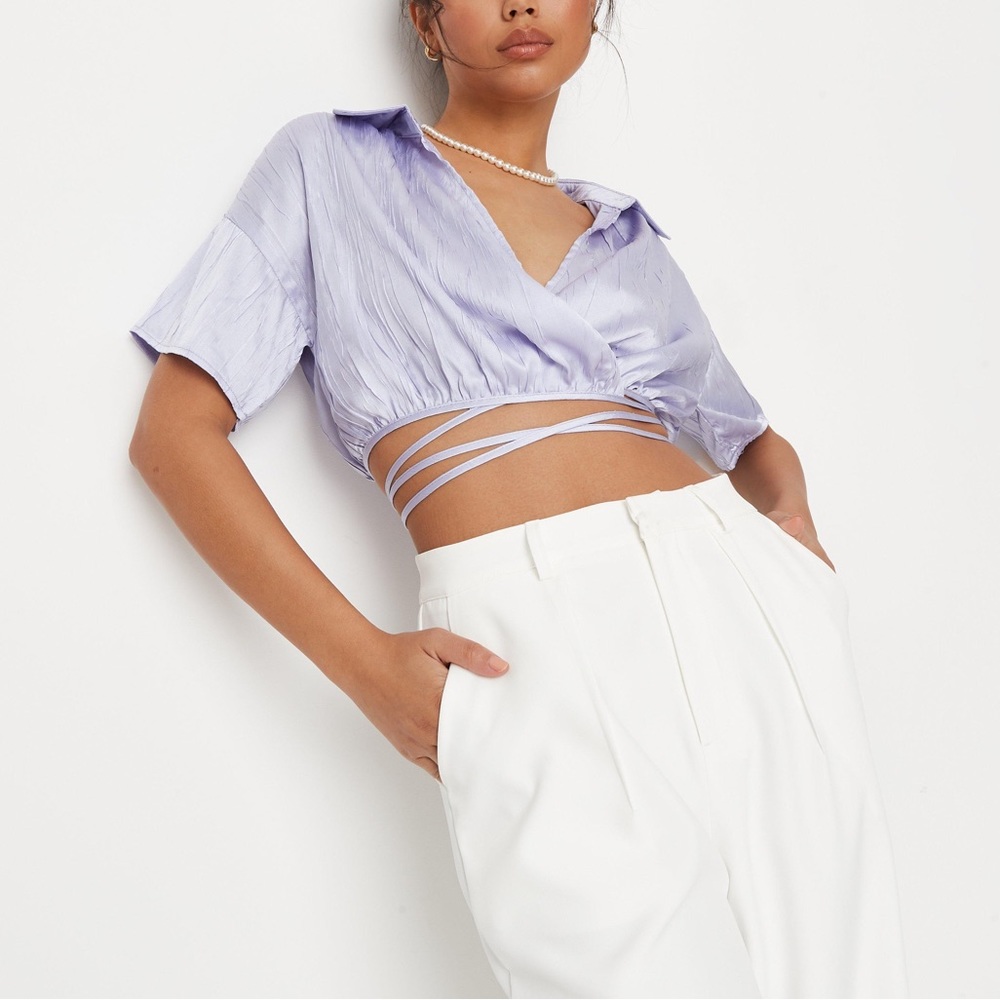 Missguided Satin crinkle front wrap shirt (pink)
